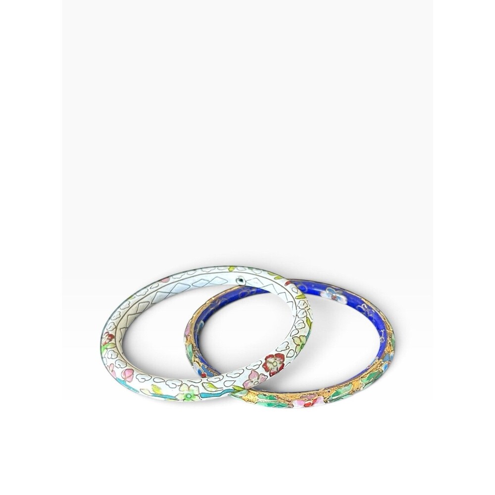 2 Chinese Cloisonne Multicolor Floral Enamel Bangle Bracelet Blue White Vintage